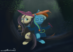 Size: 2877x2064 | Tagged: safe, artist:auroriia, fluttershy, rainbow dash, bird, g4, hat, meditating, nest, tree