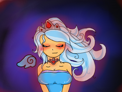 Size: 595x447 | Tagged: safe, artist:missatehstrange, trixie, human, g4, alicorn amulet, breasts, busty trixie, cleavage, female, floating wings, humanized