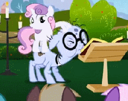 Size: 294x233 | Tagged: safe, screencap, coco crusoe, lyra heartstrings, mr. waddle, sweetie belle, welch, earth pony, pony, unicorn, g4, hearts and hooves day (episode), animated, background pony, butt touch, clerical collar, elderly, female, filly, gif, glasses, hearts and hooves day, hoof on butt, liver spots, male, noogie, stallion, the perfect stallion