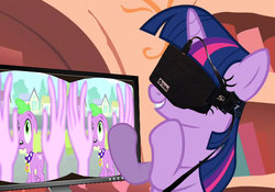 Size: 1025x716 | Tagged: safe, edit, edited screencap, screencap, spike, twilight sparkle, dog, equestria girls, g4, look before you sleep, my little pony equestria girls, golden oaks library, oculus rift, spike the dog