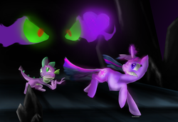 Size: 2300x1576 | Tagged: safe, artist:chontecuamaker, king sombra, spike, twilight sparkle, umbrum, g4, eyes, fangs, fight, running