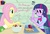 Size: 2475x1667 | Tagged: safe, artist:jowyb, derpy hooves, fluttershy, granny smith, twilight sparkle, equestria girls, g4, my little pony equestria girls, apple, bag, bowl, bowtie, cafeteria, canterlot high, chair, clothes, dialogue, exclamation point, food, fruit, glass, hand, question mark, sandwich, spoon, table