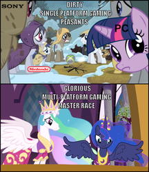 Size: 526x608 | Tagged: safe, princess celestia, princess luna, twilight sparkle, g4, /v/, comparison, inverted mouth, peasant, twiface, video game, zero punctuation