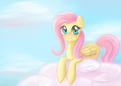 Size: 600x428 | Tagged: safe, artist:lady-largo, fluttershy, g4, blushing, cloud, cloudy, female, solo