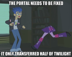 Size: 625x492 | Tagged: safe, edit, edited screencap, screencap, flash sentry, twilight sparkle, equestria girls, g4, my little pony equestria girls, brad, cropped, half, image macro, legs, modular