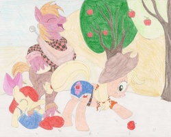 Size: 999x799 | Tagged: safe, artist:wjmmovieman, apple bloom, applejack, big macintosh, earth pony, pony, g4, apple, butt, clothes, female, filly, humiliation, laughing, male, mare, overalls, panties, plot, shorts, stallion, torn clothes, traditional art, underwear, wardrobe malfunction, we don't normally wear clothes