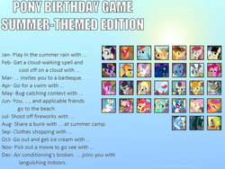 Size: 1000x750 | Tagged: safe, apple bloom, applejack, big macintosh, bon bon, caramel apple, cheerilee, derpy hooves, discord, dj pon-3, fluttershy, lyra heartstrings, minuette, octavia melody, photo finish, pinkie pie, princess celestia, princess luna, queen chrysalis, rainbow dash, scootaloo, spitfire, sweetie belle, sweetie drops, trixie, twilight sparkle, vinyl scratch, zecora, g4, birthday game, bræburn, exploitable meme, meme, pinkamena diane pie, text