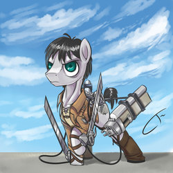 Size: 1024x1024 | Tagged: safe, artist:cybertoaster, 3d maneuver gear, anime, attack on titan, eren jaeger, parody, ponified