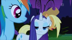 Size: 640x360 | Tagged: safe, screencap, applejack, rainbow dash, rarity, pony, friendship is magic, g4, bedroom eyes, bend over, finland, out of context, wet, wet mane, wet mane rarity