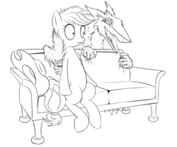 Size: 866x722 | Tagged: safe, artist:xn-d, applejack, sergal, g4, couch, cowboy hat, hat, lineart, open mouth, scared, scrunchy face, seduction, sitting, smiling, stetson, tail seduce, tongue out, wide eyes