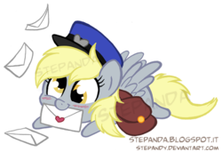 Size: 550x377 | Tagged: safe, artist:stepandy, derpy hooves, pegasus, pony, g4, bag, blushing, chibi, cute, female, hat, letter, mail, mailbag, mailmare, mailpony, mare, mouth hold