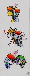 Size: 878x2205 | Tagged: safe, artist:colorfulwonders, braeburn, prince blueblood, rainbow dash, spike, dragon, pegasus, pony, g4, bedroom eyes, boop, cute, daaaaaaaaaaaw, exclamation point, eye contact, eyes closed, female, floating heart, floppy ears, heart, holiday, looking at each other, male, noseboop, nuzzling, rainbow dash gets all the stallions, ship:bluedash, ship:braedash, ship:rainbowspike, shipping, smiling, straight, surprised, traditional art, wide eyes