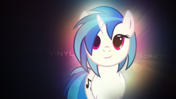 Size: 1920x1080 | Tagged: safe, artist:jave-the-13, dj pon-3, vinyl scratch, pony, unicorn, g4, female, glowing, horn, mare, smiling, solo, text, vector, wallpaper