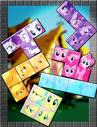 Size: 900x1180 | Tagged: dead source, safe, artist:midnightmint-1, applejack, fluttershy, pinkie pie, rainbow dash, rarity, twilight sparkle, g4, crossover, expressions, mane six, tetris