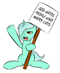 Size: 778x954 | Tagged: safe, artist:kloudmutt, edit, lyra heartstrings, cat, pony, unicorn, g4, angry, female, god, marriage, sign, simple background, sitting, solo, transparent background, westboro baptist church