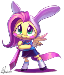 Size: 2540x3000 | Tagged: safe, artist:jggjqm522, fluttershy, pegasus, pony, g4, adventure time, bipedal, bunny ears, chibi, cosplay, female, fionna the human, fionnashy, male, parody, solo, sword