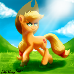 Size: 700x700 | Tagged: safe, artist:datponypl, applejack, g4, crepuscular rays, female, grass, looking back, solo