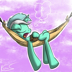 Size: 1000x1000 | Tagged: safe, artist:kanvas-chan, lyra heartstrings, human, pony, unicorn, g4, book, dream, eyes closed, female, hammock, humie, incorrect leg anatomy, open mouth, sleeping, snoring, solo, that pony sure does love humans