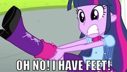 Size: 790x444 | Tagged: safe, edit, edited screencap, screencap, twilight sparkle, equestria girls, g4, my little pony equestria girls, boots, captain obvious, feet, female, image macro, oh no, shoes, solo