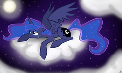 Size: 1000x600 | Tagged: safe, artist:tsupirka, princess luna, g4, cloud, cloudy, crying, female, floppy ears, frown, moon, night, prone, sad, sky, solo, spread wings