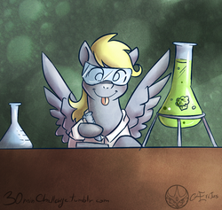 Size: 1000x948 | Tagged: safe, artist:aeritus, derpy hooves, pegasus, pony, g4, 30 minute art challenge, beaker, chemicals, female, goggles, mare, science, solo