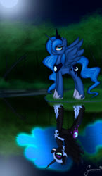 Size: 1100x1900 | Tagged: safe, artist:gamermac, nightmare moon, princess luna, g4, duality, night, reflection, water