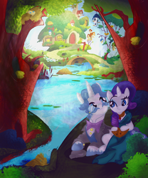 Size: 800x960 | Tagged: safe, artist:darkwingsnark, fancypants, rarity, g4, clothes, dress, female, fluttershy's cottage, glowing, male, scenery, ship:raripants, shipping, straight, tree, water