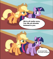 Size: 1352x1520 | Tagged: safe, edit, edited screencap, screencap, applejack, twilight sparkle, a canterlot wedding, g4, my little pony: friendship is magic, apology, dialogue, duo, speech bubble