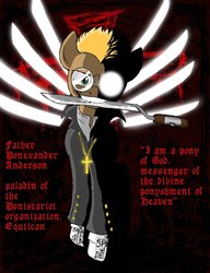 Size: 785x1024 | Tagged: artist needed, safe, bayonet, cross, father alexander anderson, glasses, hellsing, knife, ponified