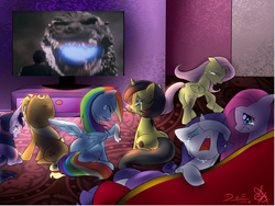 Size: 802x602 | Tagged: safe, applejack, fluttershy, pinkie pie, rainbow dash, rarity, twilight sparkle, oc, oc:pauly sentry, g4, exploitable meme, godzilla, godzilla (series), godzilla vs. king ghidorah, mane six, meme, sad, sad movie meme, yasuaki shindo