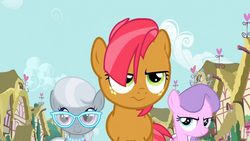 Size: 1152x648 | Tagged: safe, screencap, babs seed, diamond tiara, silver spoon, g4, one bad apple, animation error, glasses