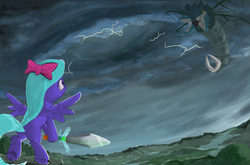 Size: 1820x1200 | Tagged: safe, artist:kixalin, flitter, dragon, pegasus, pony, g4, bipedal, duo, female, flying, hoof hold, lightning, looking up, male, outdoors, scared, sword, weapon, wings