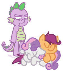 Size: 608x680 | Tagged: safe, artist:steeve, edit, scootaloo, spike, sweetie belle, g4, annoyed, female, filly, foal, male, signature, simple background, sleeping, white background