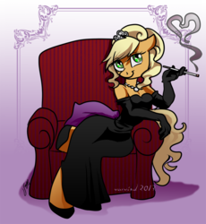 Size: 736x800 | Tagged: safe, artist:warwind, applejack, earth pony, anthro, unguligrade anthro, g4, alternate hairstyle, chair, cigarette, cigarette holder, clothes, couch, dress, evening gloves, fancy, female, gloves, jewelry, long gloves, smoking, solo, tiara