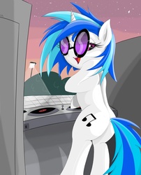 Size: 1568x1936 | Tagged: safe, artist:falco9998, dj pon-3, vinyl scratch, pony, unicorn, g4, bedroom eyes, bipedal, butt, female, looking at you, plot, solo, streetlight, turntable