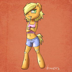 Size: 1000x1000 | Tagged: safe, artist:draneas, applejack, earth pony, anthro, unguligrade anthro, g4, 30 minute art challenge, alternate hairstyle, belly button, belly piercing, bellyring, cigarette, clothes, female, piercing, shorts, solo, teenager