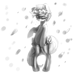 Size: 870x870 | Tagged: safe, artist:mewball, lyra heartstrings, pony, unicorn, g4, bipedal, clothes, crying, female, floral head wreath, flower, flower in hair, garland, grayscale, missing horn, monochrome, solo, stockings, thigh highs