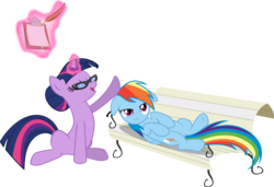 Size: 5113x3500 | Tagged: safe, artist:vaderpl, rainbow dash, twilight sparkle, pegasus, pony, unicorn, g4, lesson zero, absurd resolution, alternate hairstyle, bench, clipboard, duo, eyes closed, female, frown, glasses, hair bun, levitation, magic, mare, on back, open mouth, quill, rainbow dash is not amused, simple background, sitting, smiling, telekinesis, therapist, transparent background, twilight's professional glasses, unamused, unicorn twilight, vector
