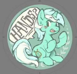 Size: 343x330 | Tagged: safe, artist:mi-eau, lyra heartstrings, pony, unicorn, g4, button, female, hand, mare, one word, solo, that pony sure does love hands