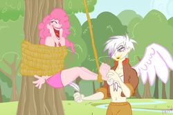 Size: 1343x890 | Tagged: dead source, safe, artist:fr-13, gilda, pinkie pie, g4, barefoot, bondage, feather, feet, female, humanized, laughing, lesbian, rope, ship:gildapie, shipping, tickle torture, tickling, tree, winged humanization