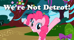 Size: 852x468 | Tagged: safe, artist:jhaller2, edit, edited screencap, screencap, pinkie pie, friendship is magic, g4, detroit, detrot, female, image macro, pun, solo, youtube