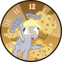 Size: 600x600 | Tagged: safe, artist:midnytesketch, derpy hooves, pegasus, pony, g4, blushing, clock, cute, female, mare, muffin, solo