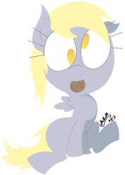 Size: 755x1059 | Tagged: safe, artist:munchcala, derpy hooves, g4, blank flank, cookie, cute, female, filly, mouth hold, nom, sitting, smiling, solo, younger