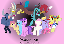 Size: 3433x2383 | Tagged: safe, artist:t-brony, amethyst star, cherry berry, cloud kicker, discord, dizzy twister, flam, flim, iron will, linky, orange swirl, queen chrysalis, shoeshine, sparkler, twinkleshine, comic:friendship is tragic, g4, moondancer (tragic)