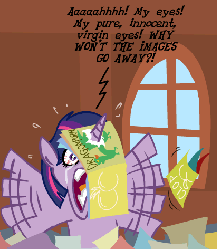Size: 412x474 | Tagged: safe, artist:brutamod, edit, twilight sparkle, pony, unicorn, g4, ask-flutterschiavo, bloodshot eyes, book hat, cannot unsee, crying, female, flailing, freakout, gif, non-animated gif, porn, reaction image, solo, unicorn problems