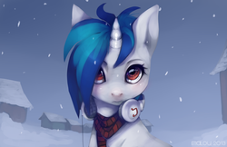 Size: 1600x1035 | Tagged: safe, artist:imalou, dj pon-3, vinyl scratch, g4, clothes, female, headphones, looking at you, missing accessory, scarf, snow, snowfall, solo