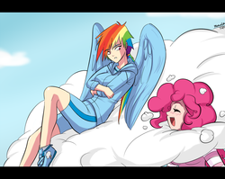 Size: 1200x955 | Tagged: safe, artist:ninja-8004, pinkie pie, rainbow dash, human, g4, cloud, cute, duo, duo female, eyes closed, female, humanized, on a cloud, open mouth, winged humanization