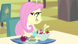Size: 1920x1080 | Tagged: safe, edit, edited screencap, screencap, fluttershy, equestria girls, g4, my little pony equestria girls, apple, burger, female, fluttershy just wants to eat lunch, food, fruit salad, funny, funny as hell, karl pilkington, ricky gervais show, salad, solo, spoon, the ricky gervais show, wat, wtf