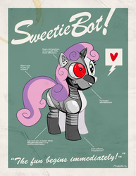 Size: 850x1100 | Tagged: artist needed, source needed, safe, sweetie belle, pony, robot, unicorn, friendship is witchcraft, g4, female, filly, foal, heart, hooves, horn, poster, smiling, solo, sweetie bot, teeth