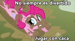 Size: 639x347 | Tagged: safe, pinkie pie, g4, mud, poop, scat, spanish, translated in the description